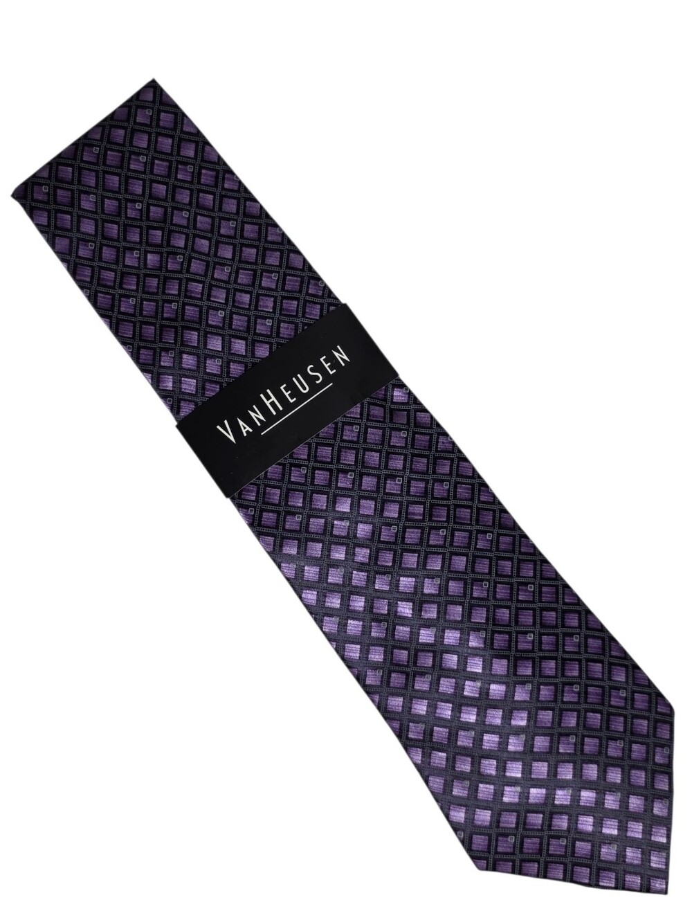 Van Heusen Necktie Purple Black Geometric Square Grid 100% Silk Tie Men